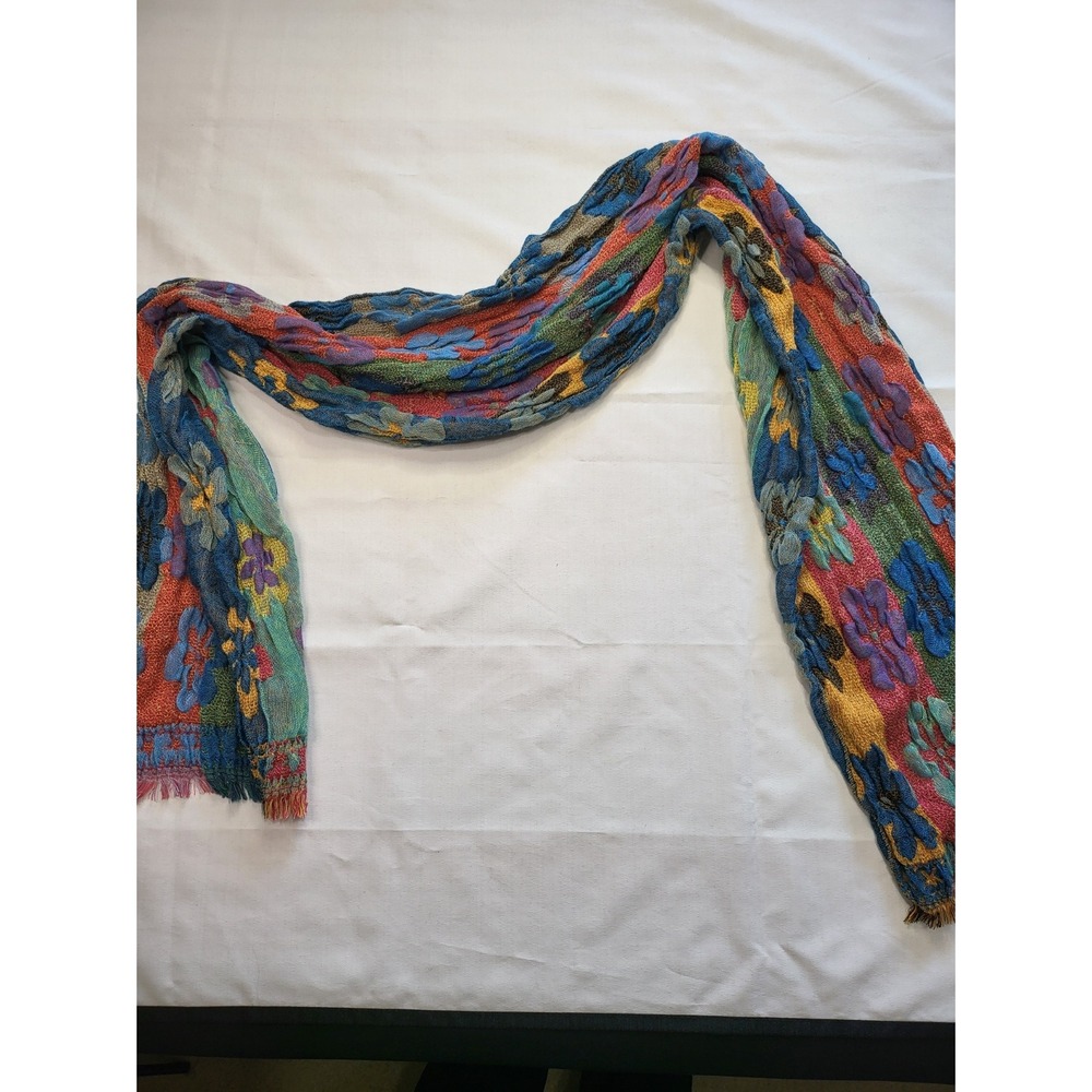 Yumi K. Floral Crinkle Knit Scarf Multi-Color Fringed Lightweight Wrap 69x12